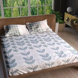 LABHAM Insignia White & Green Floral Pure Cotton 180 TC King Bedsheet with 2 Pillow Covers-image-50