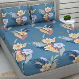 DREAM WEAVERZ Teal Floral Glazed Cotton 220 TC Double Queen Bedsheet with 2 Pillow Covers-image-30