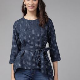 YASH GALLERY Navy Blue & White Geometric Printed High-Low Top-picture-8