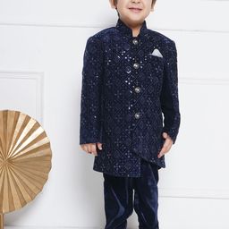 Aj DEZInES Boys Navy Blue Embroidered Sherwani With Trouser-25