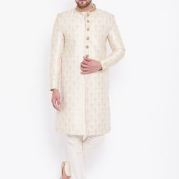 VASTRAMAY Men Cream-Coloured & Gold-Coloured Brocade Zardozi Woven Design Sherwani Set-picture-26