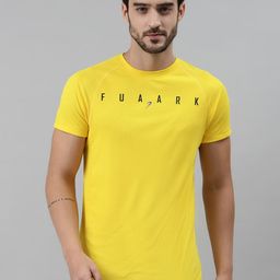 FUAARK Men Yellow & Black Slim Fit Self-Checked Training T-shirt with Brand Logo Detail-12