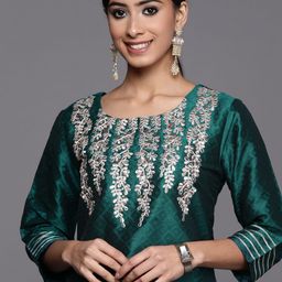 Varanga Women Green & Golden Floral Yoke Design Gotta Patti Jacquard Kurta-image-37
