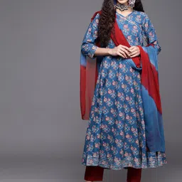 Varanga Women Blue Ethnic Motifs Printed Angrakha Gotta Patti Kurta with Trousers & With Dupatta-17