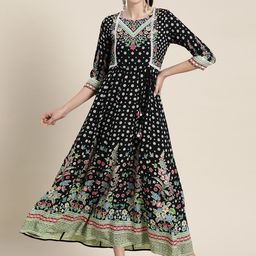 Juniper Black & White Floral Print Panelled Maxi Fit & Flare Dress with Tie-Ups-image-82