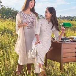 AURELIA Floral Printed Thread Work Round Neck Dyed Straight Kurta-38