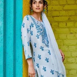 Biba Floral Printed Regular Thread Work Kurta With Trousers & Dupatta-picture-10