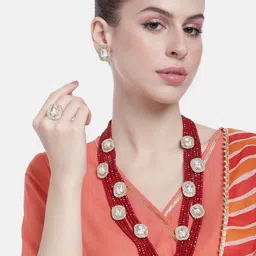 Peora Women Gold-Plated Beads Studded Layered Necklace with Earrings-picture-42