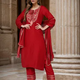 KALINI Ethnic Motifs Yoke Design Mirror Work Straight Kurta & Trousers With Dupatta-10
