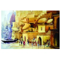 Inephos Brown & Blue Printed Canvas Beautiful Riverside View Wall Art-22