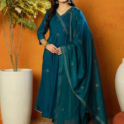 AHIKA Teal Ethnic Motifs Printed Angrakha Gotta Patti Kurta With Trousers & Dupatta-10