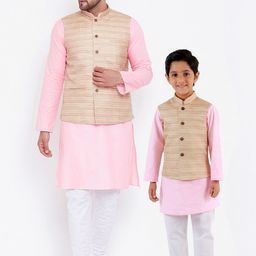 VASTRAMAY Men Pink & White Solid Kurta Set with Nehru Jacket-1