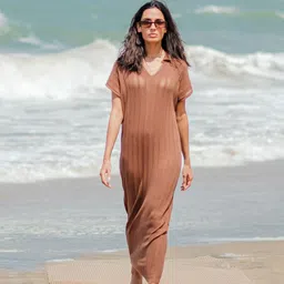 RAREISM Ribbed Shirt Collar Short Sleeves Cotton Maxi Dress-image-50