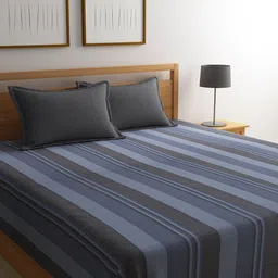 Saral Home Blue & Grey Striped 500 TC Bedsheet with 2 Pillow Covers-picture-41