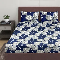 ROMEE Blue & Grey Floral 186 TC Queen Bedsheet with 2 Pillow Covers-image-91