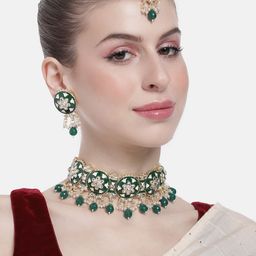 Peora Women Gold-Plated Kundan Studded Choker Necklace with Earrings and Maangtikka-26