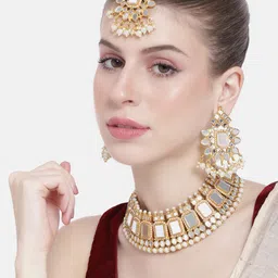 Peora Women Gold-Plated Kundan Studded Dangle Earrings with Necklace & Maangtikka Set-image-53