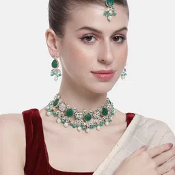 Peora Women Gold-Plated Kundan Studded Choker Necklace with Earrings and Maangtikka-2