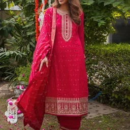 Libas Women Magenta Floral Embroidered Kurta with Palazzos & Dupatta-picture-28