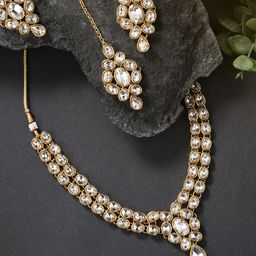 Peora Gold-Plated Crystal Necklace with Earring & Maangtikka Jewellery Set-4