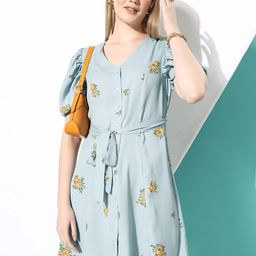 her by invictus Cool Blue Floral Printed Once Upon A Sleeve Shirt Dress With A Belt-89
