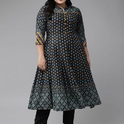 YASH GALLERY Women Plus Size Black & Blue Ethnic Motifs Printed Anarkali Kurta-5