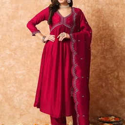 KALINI Ethnic Motif Embroidered Empire Thread Work Anarkali Kurta & Trousers With Dupatta-42