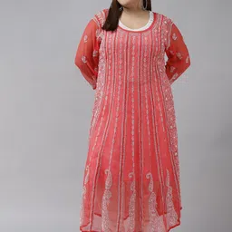 ADA Women Red & White Ethnic Motifs Plus Size Chikankari Georgette Anarkali Kurta-image-95