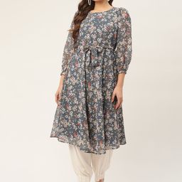 Jompers Women Grey Floral Printed Floral Georgette A-Line Kurta-image-91