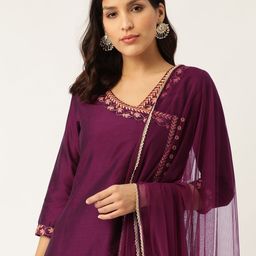 Sangria Women Aubergine & Golden Embroidered Detail Angrakha Kurta with Palazzos & Dupatta-picture-12