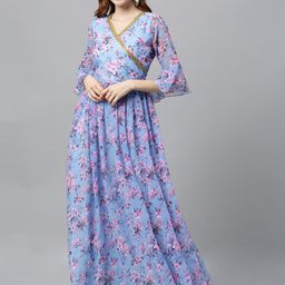 Ethnovog Women Blue  Pink Printed Made To Measure Maxi Dress with Embellishment-image-78