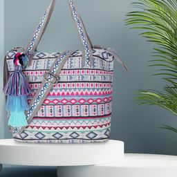 Anekaant Geometric Jacquard Cotton Canvas Handheld Bag with Tasselled-54
