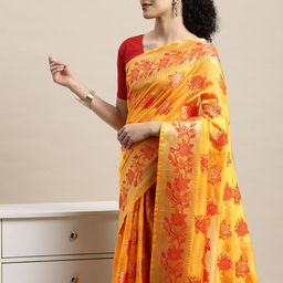 Saree Swarg Yellow & Red Ethnic Motifs Zari Organza Banarasi Sarees-image-11