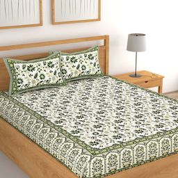 Lali Prints Green & White Floral 180 TC Cotton King Bedsheet with 2 Pillow Covers-image-33