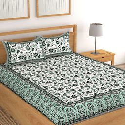 Lali Prints Green & White Floral 180 TC Cotton King Bedsheet with 2 Pillow Covers-image-32