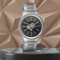 Sonata Men Black Brass Skeleton Dial & Silver Toned Bracelet Style Straps Analogue Watch 7133SM01-16