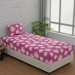 Huesland Mauve & White Geometric Fitted Cotton 144 TC Single Bedsheet With 2 Pillow Covers-picture-0