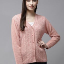Cayman Women Pink & White Fuzzy Self Design Woollen Cardigan-74