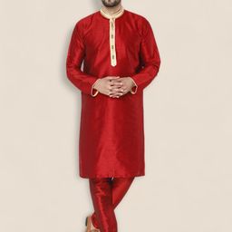 Enciger Men Red Thread Work Dupion Silk Kurta with Churidar-8