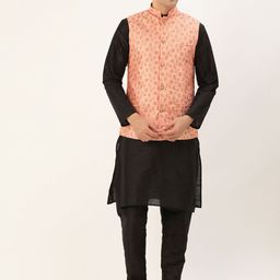 SOJANYA Men Black & Peach-Coloured Solid Kurta with Churidar & Nehru Jacket-13