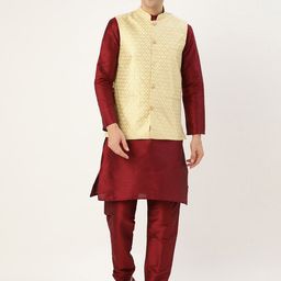 SOJANYA Men Maroon & Yellow Solid Kurta with Churidar & Nehru Jacket-picture-12