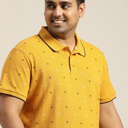 Sztori Men Plus Size Mustard Yellow Printed Polo Collar Pure Cotton T-shirt-40