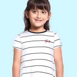 Tommy Hilfiger Girls White & Navy Blue Striped Pure Cotton T-shirt-image-10