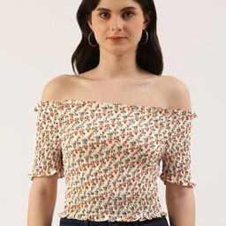 EVERYDAY by ANI Floral Print Off-Shoulder Smocked Crepe Bardot Crop Top-image-91