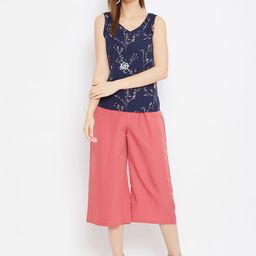Bitterlime Women Navy Blue & Coral Printed Top with Culottes-image-95