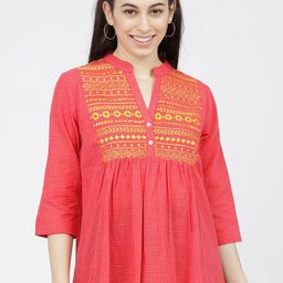 Vishudh Mustard Yellow & Pink Geometric Embroidered Gathered Pure Cotton A-Line Top-picture-35