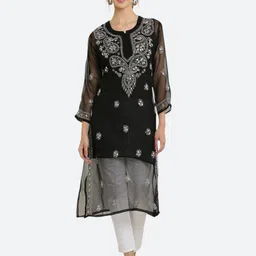 FAWOMENT Black Paisley Yoke Design Georgette Handloom Georgette Straight Kurta with Inner-picture-30