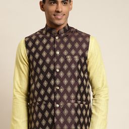 SOJANYA Men Burgundy Woven Design Jacquard Nehru Jacket-image-8