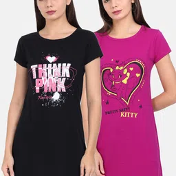 Fleximaa Black & Magenta Set Of 2 Print Pure Cotton Longline Top-image-17