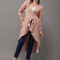 SHOWOFF Peach-Coloured & Grey Geometric Print Crepe High-Low Longline Top-25